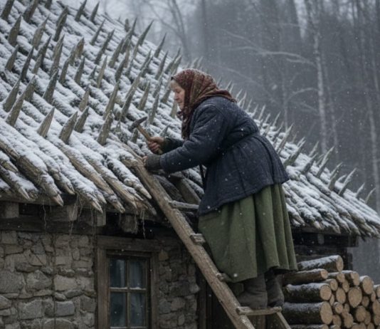 Starija žena je tokom celog leta i jeseni postavljala oštre drvene kolce na krov svoje kuće. Komšije su se smeškale — sve dok nije stigla zima.